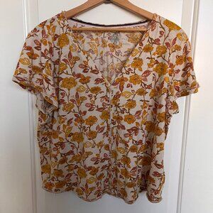 Pilcro Anthropologie Floral Top XL 100% Cotton Boho Mustard Brown Short Sleeve B